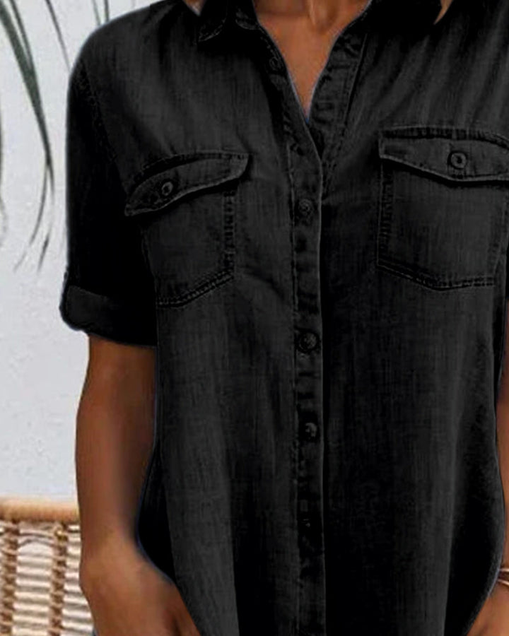 Stylish women's denim-look shirtdress, lightweight and comfortable for casual spring & summer fashion.