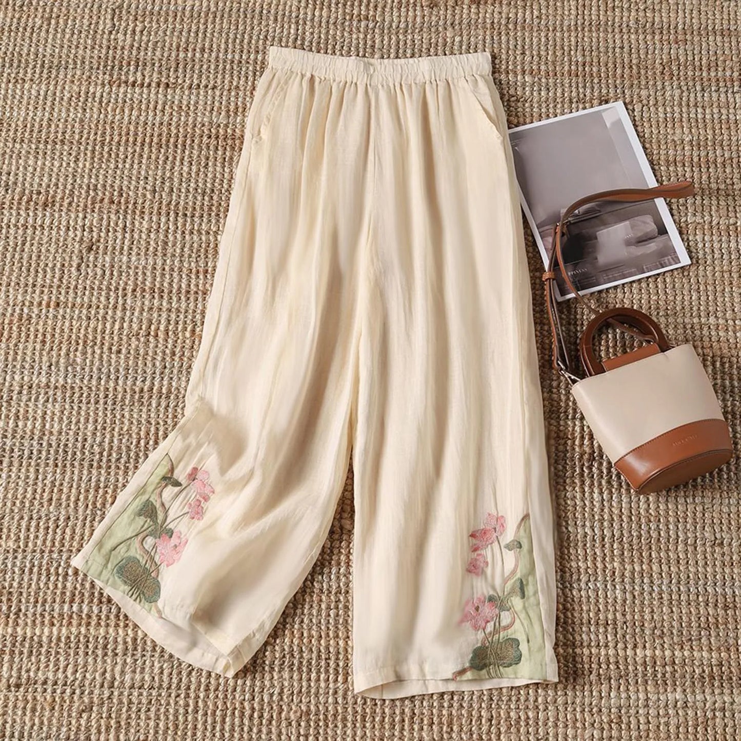 Comfortable women's breathable cotton floral print pants, ideal for beach days or vacation outfits.