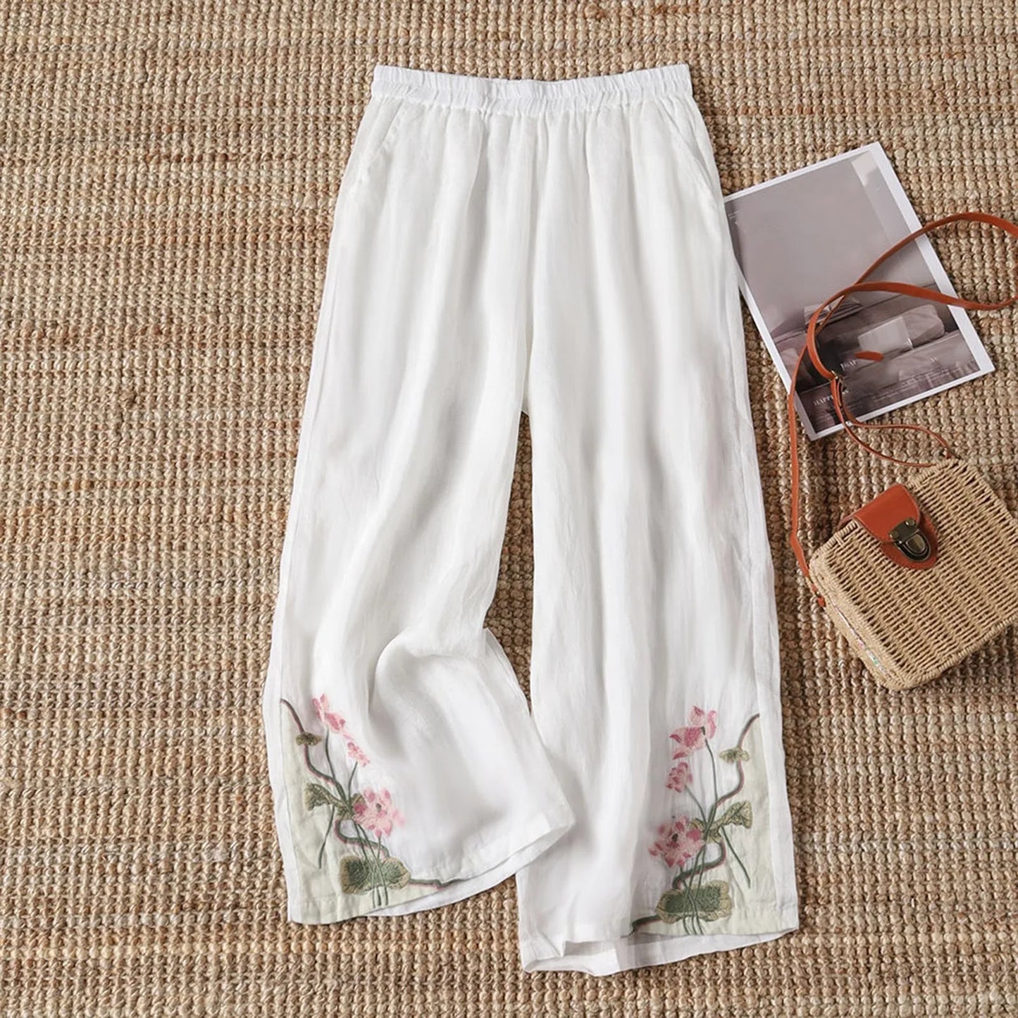 Stylish women's floral print cotton blend trousers, lightweight and perfect for summer's casual fashion.