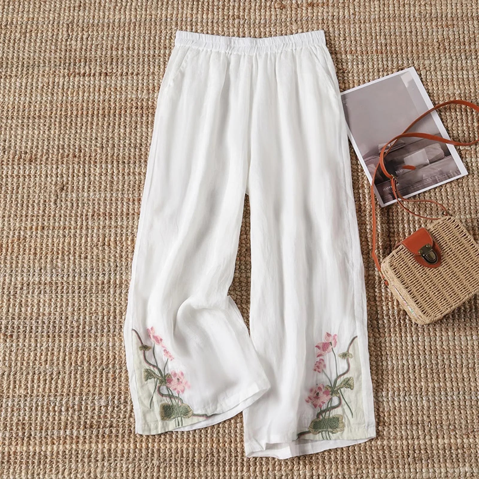 Stylish women's floral print cotton blend trousers, lightweight and perfect for summer's casual fashion.
