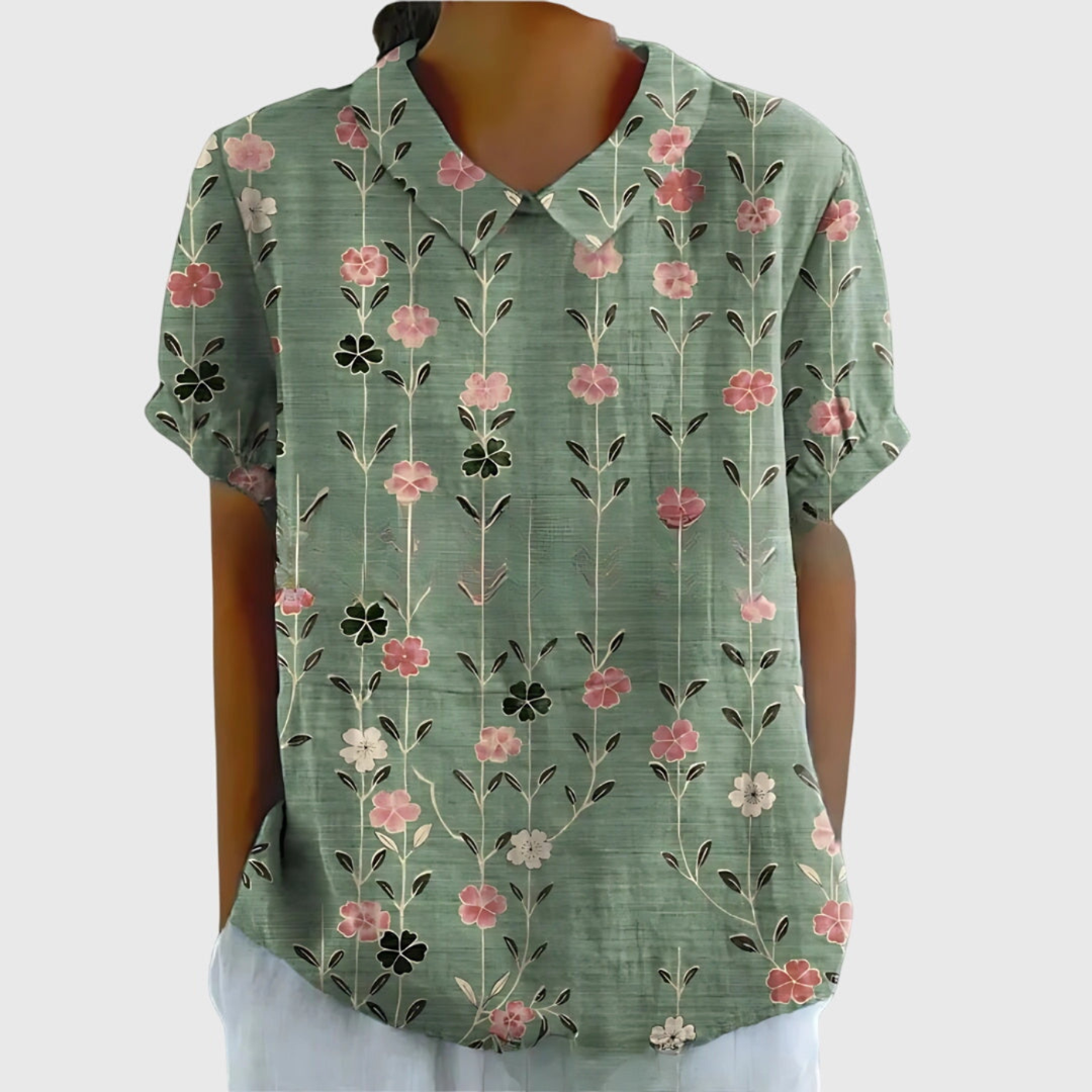 Everyday wear women's floral print blouse, a collared short sleeve top for casual chic style.