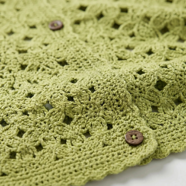 Lightweight khaki openwork cardigan for women, a stylish long-sleeve layering piece and versatile spring/summer coverup.