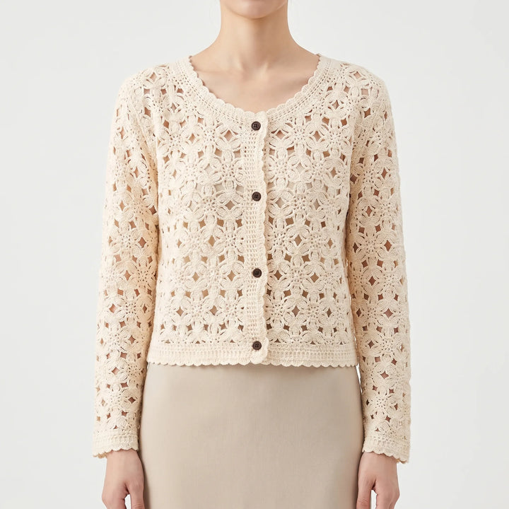 Versatile women's openwork cardigan, a chic lightweight long-sleeve sweater for spring outerwear or summer layering.