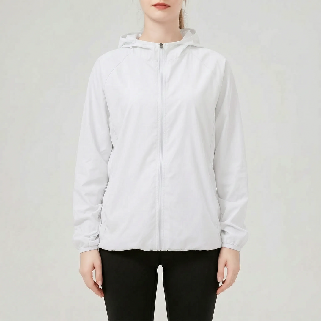 Lightweight women's active jacket with hood. Ideal for outdoor workouts, running, hiking & daily wear. Packable.