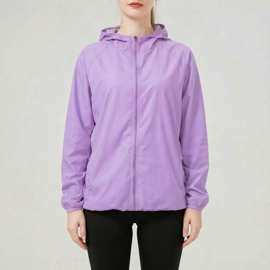 Women's active jacket: lightweight, hooded, and wind-resistant. Great for running, travel, and everyday outdoor wear.