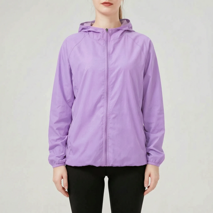Women's active jacket: lightweight, hooded, and wind-resistant. Great for running, travel, and everyday outdoor wear.