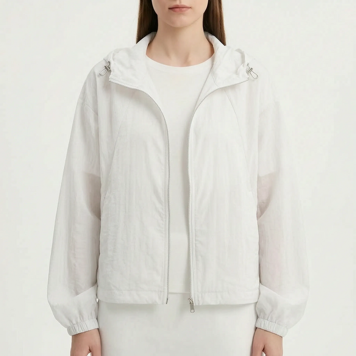 Blue women's activewear hooded windbreaker jacket with adjustable drawstring, lightweight and wind-resistant.