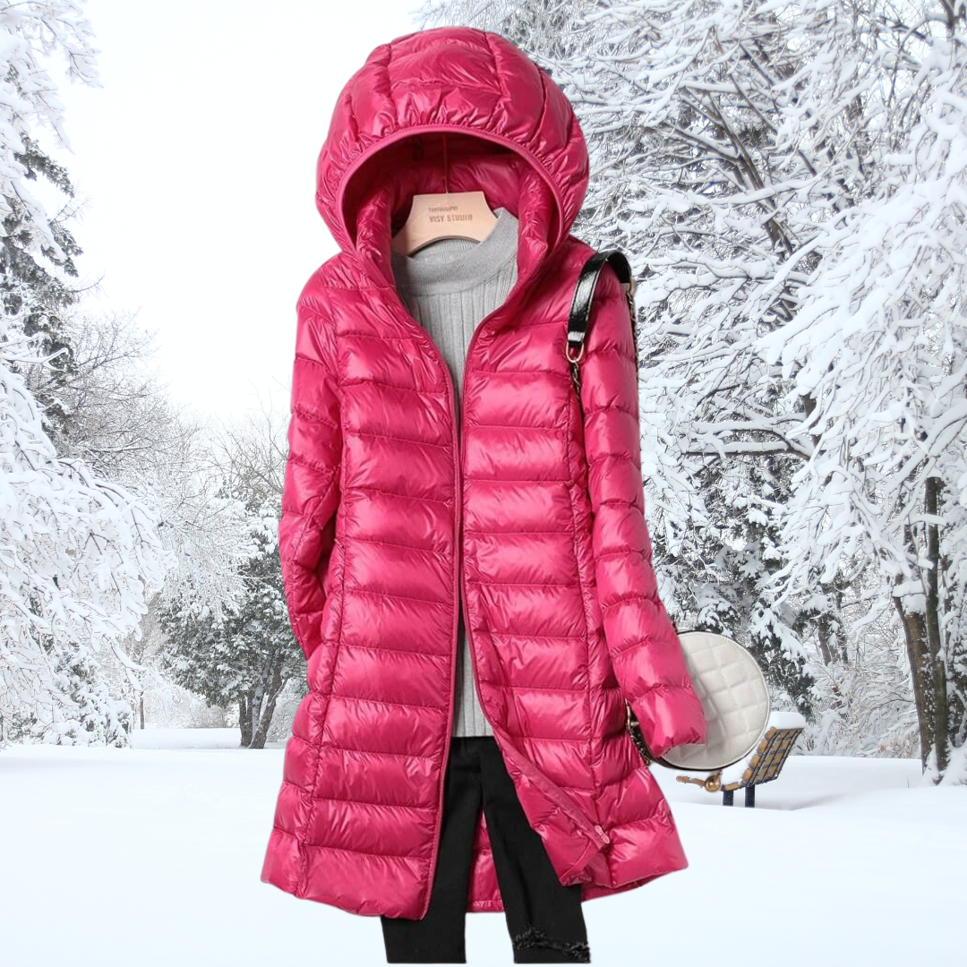 Everyday women's insulated zipper jacket with hood, offering warmth and a sleek modern design.