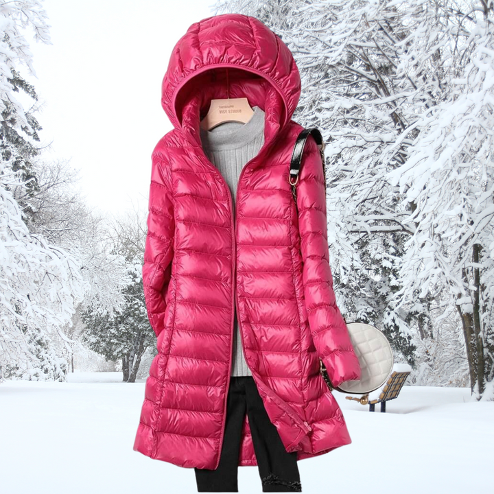 Everyday women's insulated zipper jacket with hood, offering warmth and a sleek modern design.