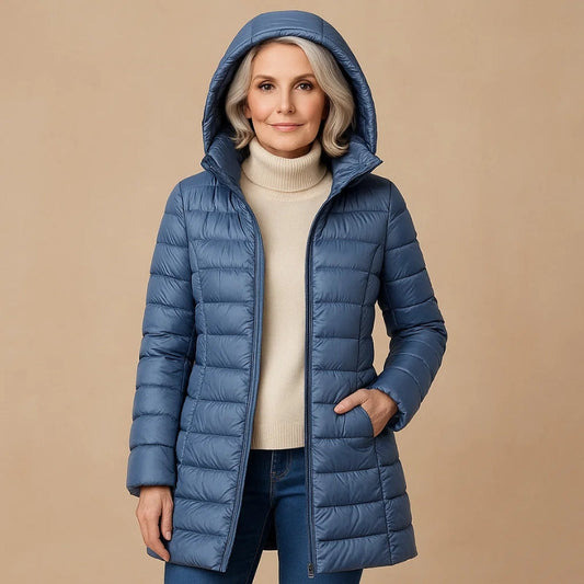 Women's lightweight insulated jacket with hood, ideal for winter & fall outdoor activities. Warm & stylish outerwear.