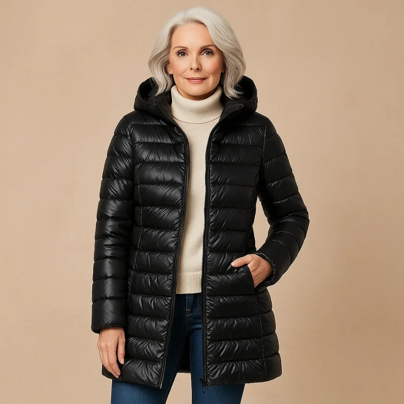 Warm women's lightweight hooded jacket, insulated for winter & fall. Cozy outerwear for stylish outdoor wear.