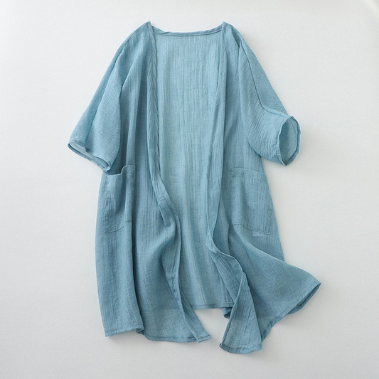 Women's lightweight open-front blue cardigan with functional pockets for casual layering.