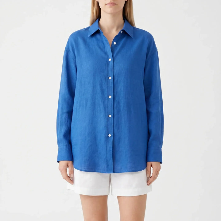 Relaxed fit women's summer blouse, lightweight & oversized. Perfect casual wear with a turn-down collar.