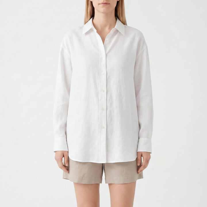 Versatile women's oversized summer blouse. Lightweight, loose fit, long sleeve, & turn-down collar for fashion.