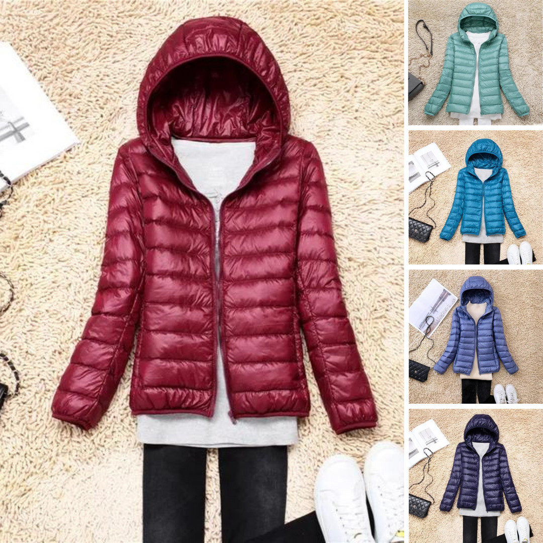 Women's packable hooded jacket. Lightweight, warm, and chic. Ideal for travel & outdoor.