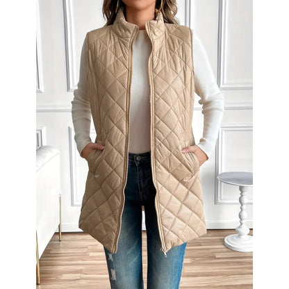 Warm zip-up quilted vest for women, ideal lightweight outerwear for winter & fall.