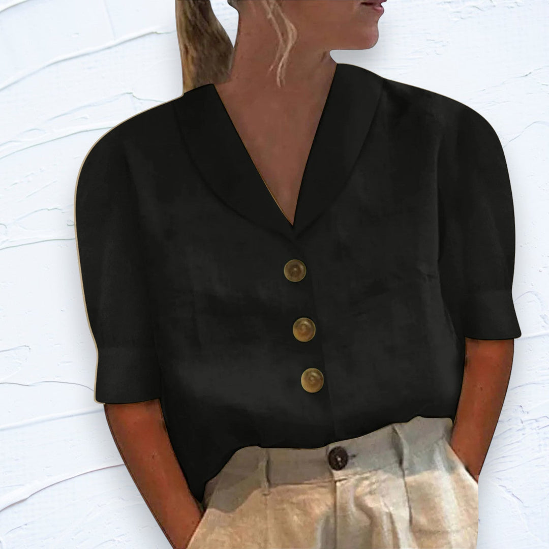 Comfortable women's short sleeve button-front shirt, a versatile top for chic casual wear and summer outfits.