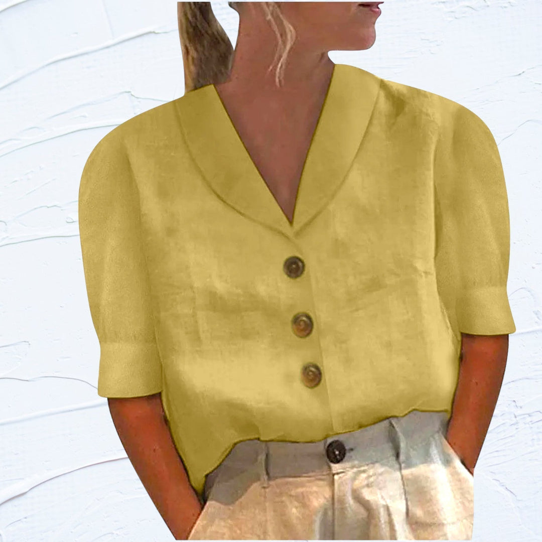 Versatile women's short sleeve top with button-front, perfect for comfortable everyday style & summer fashion.