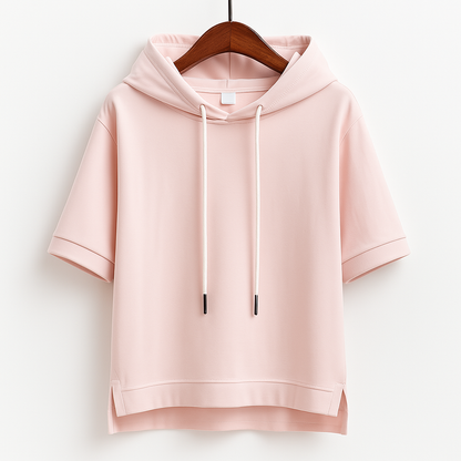 Women's lightweight short sleeve hoodie, ideal for comfortable casual spring and summer outfits. Relaxed fit pullover.