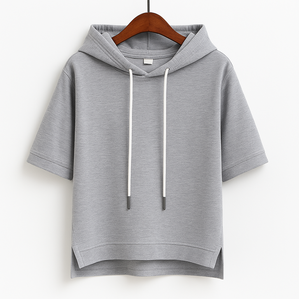 Comfortable women's short sleeve pullover hoodie with drawstring. Lightweight relaxed fit for spring & summer casual wear.
