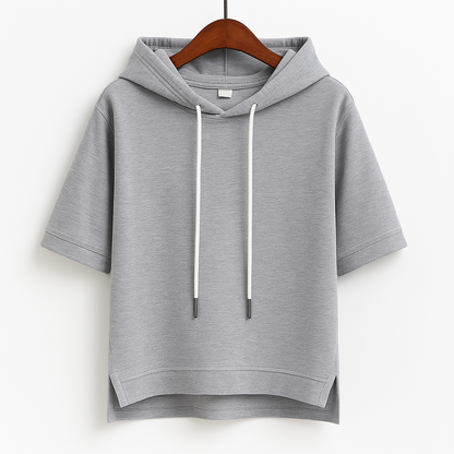 Comfortable women's short sleeve pullover hoodie with drawstring. Lightweight relaxed fit for spring & summer casual wear.