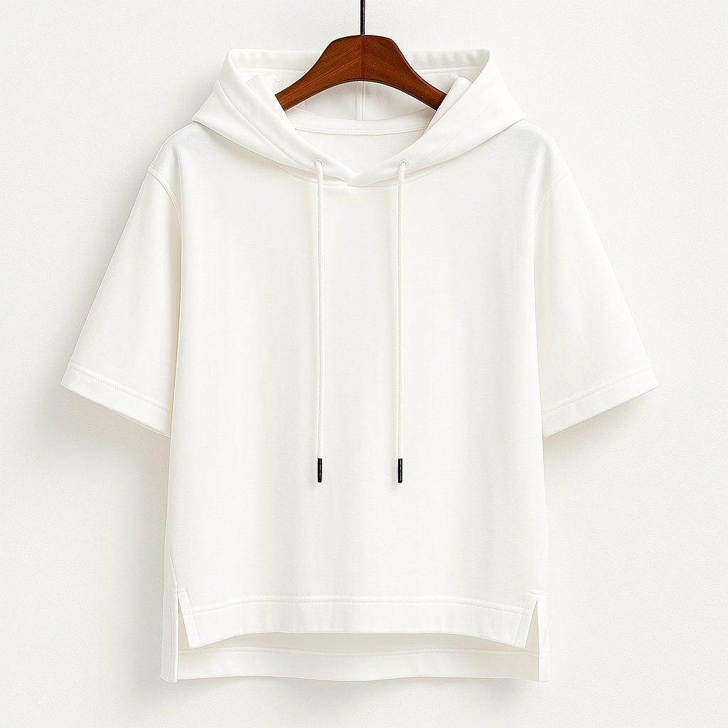 Casual women's short sleeve hoodie. Lightweight and comfortable with a drawstring, perfect for spring/summer style.