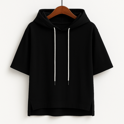 Stylish women's short sleeve pullover hoodie. Lightweight, comfortable & relaxed fit, great for spring/summer casual wear.
