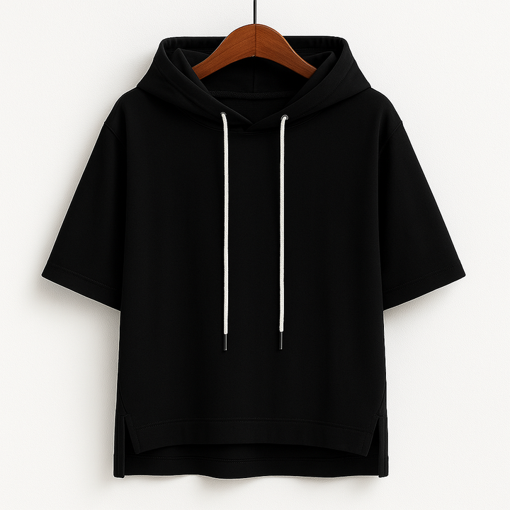 Stylish women's short sleeve pullover hoodie. Lightweight, comfortable & relaxed fit, great for spring/summer casual wear.