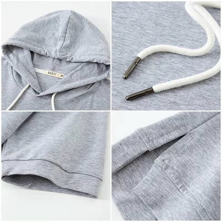 Versatile women's short sleeve hoodie. Comfortable lightweight pullover with drawstring for spring & summer casual style.