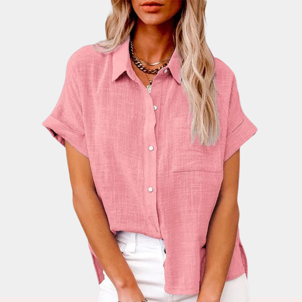 Women's lightweight short sleeve shirt with front pocket, perfect for casual summer wear.