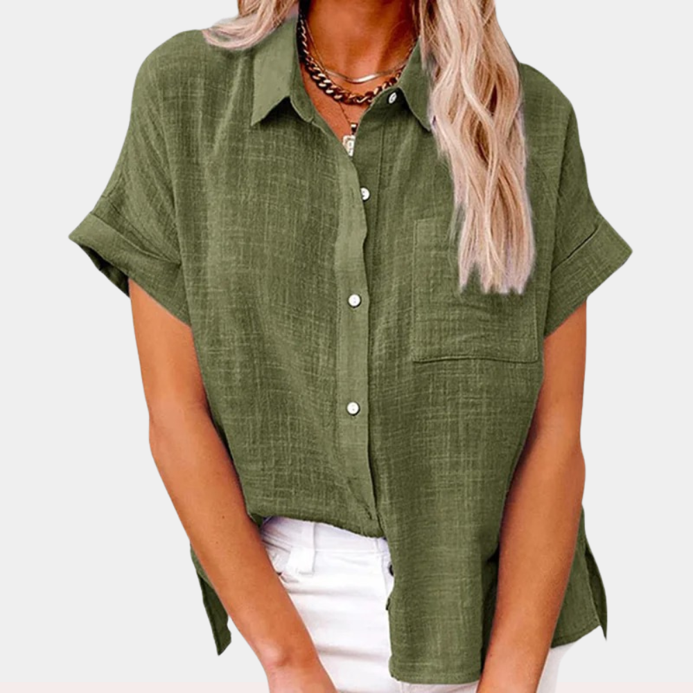 Relaxed fit women's button-up blouse, ideal for everyday style & warm weather comfort.