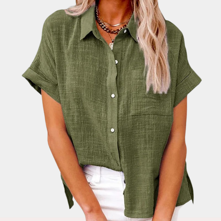 Relaxed fit women's button-up blouse, ideal for everyday style & warm weather comfort.