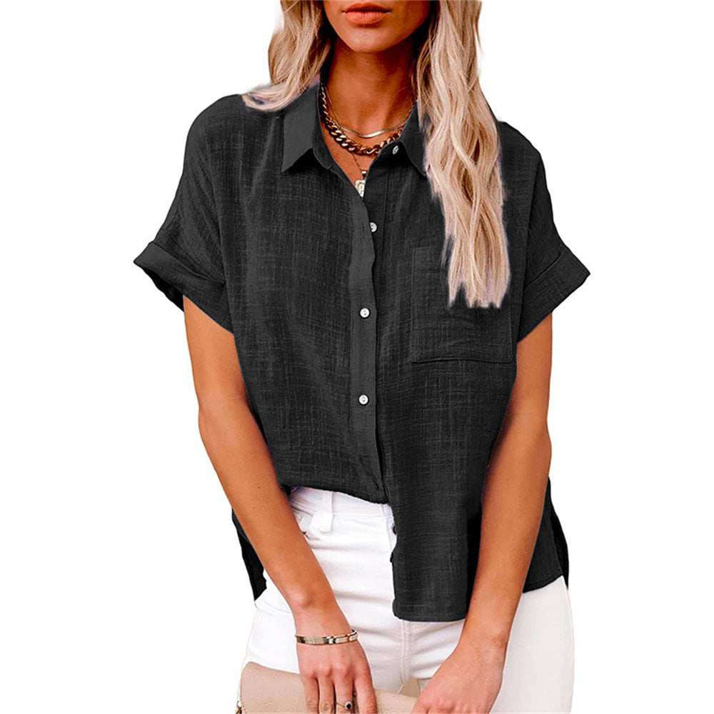 Casual women's short sleeve top, breathable lightweight fabric & stylish front pocket detail.