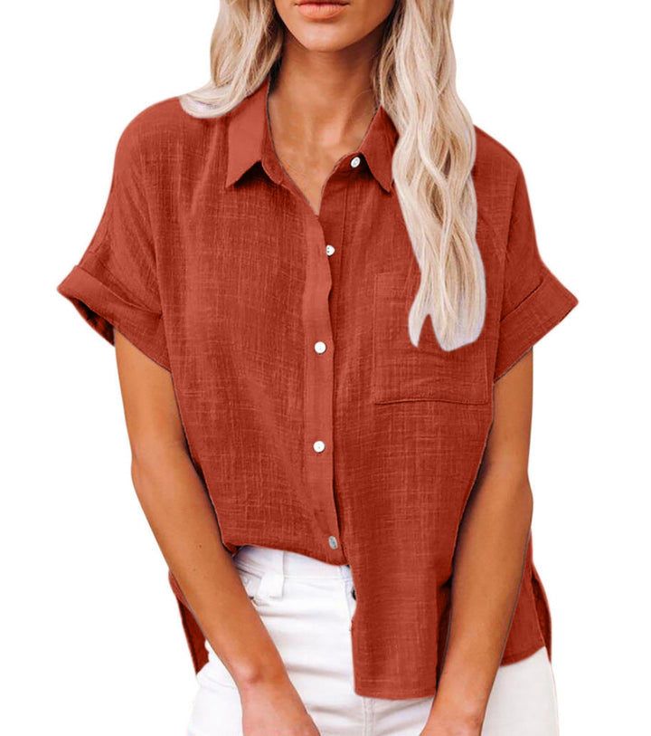 Versatile women's summer shirt, features button front & single chest pocket. Everyday style.