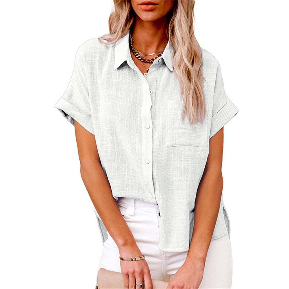 Model wearing a women's lightweight short sleeve shirt with a front pocket, ideal for summer.