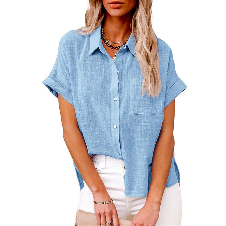 Essential women's lightweight top, short sleeves, button-up design & chest pocket for casual wear.