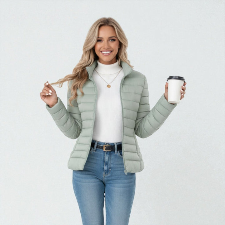 Warm yet lightweight women's outerwear, a stylish stand collar zip jacket.