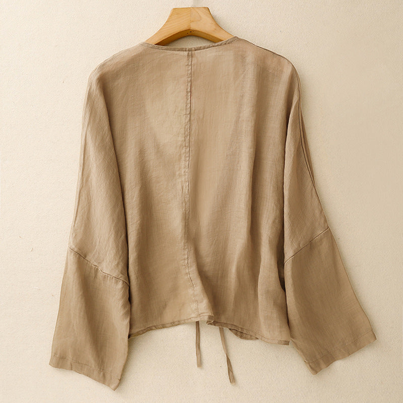 Casual women's lightweight cardigan with tie-front detail, a versatile long-sleeve top for spring and summer fashion.