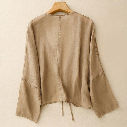 Casual women's lightweight cardigan with tie-front detail, a versatile long-sleeve top for spring and summer fashion.