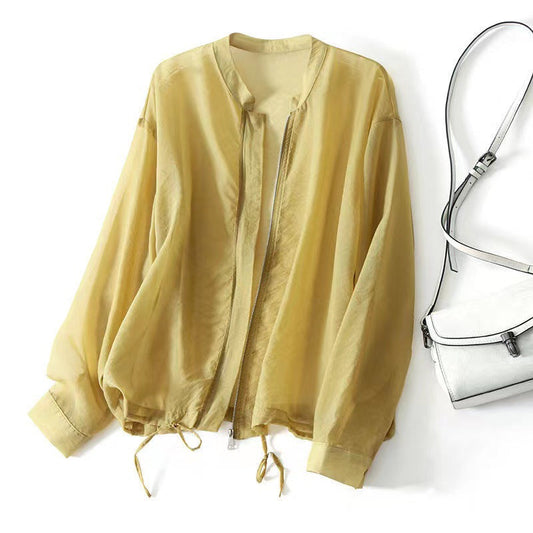 Women's lightweight yellow jacket for summer. Relaxed fit, comfortable & versatile casual outerwear for spring.