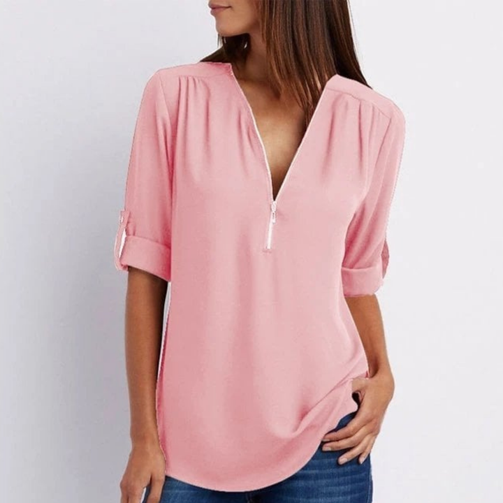 Women's lightweight zip-front V-neck blouse with roll-sleeves. Perfect for casual or work wear, versatile style.