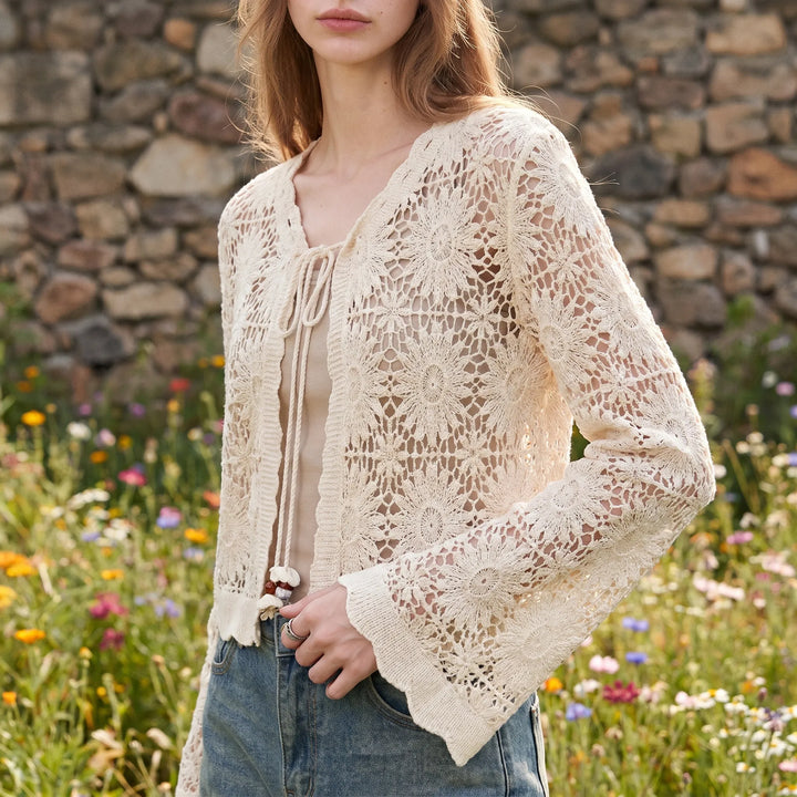 Women's lilac floral openwork cardigan with bell sleeves & tie front. Lightweight bohemian summer layer.