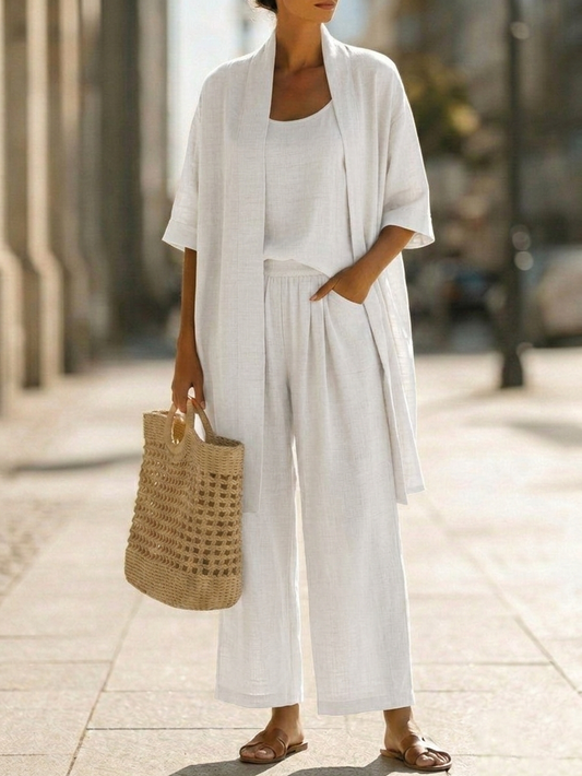 Women's linen-cotton three-piece set. Effortless, comfortable matching outfit for elegant summer resort wear.