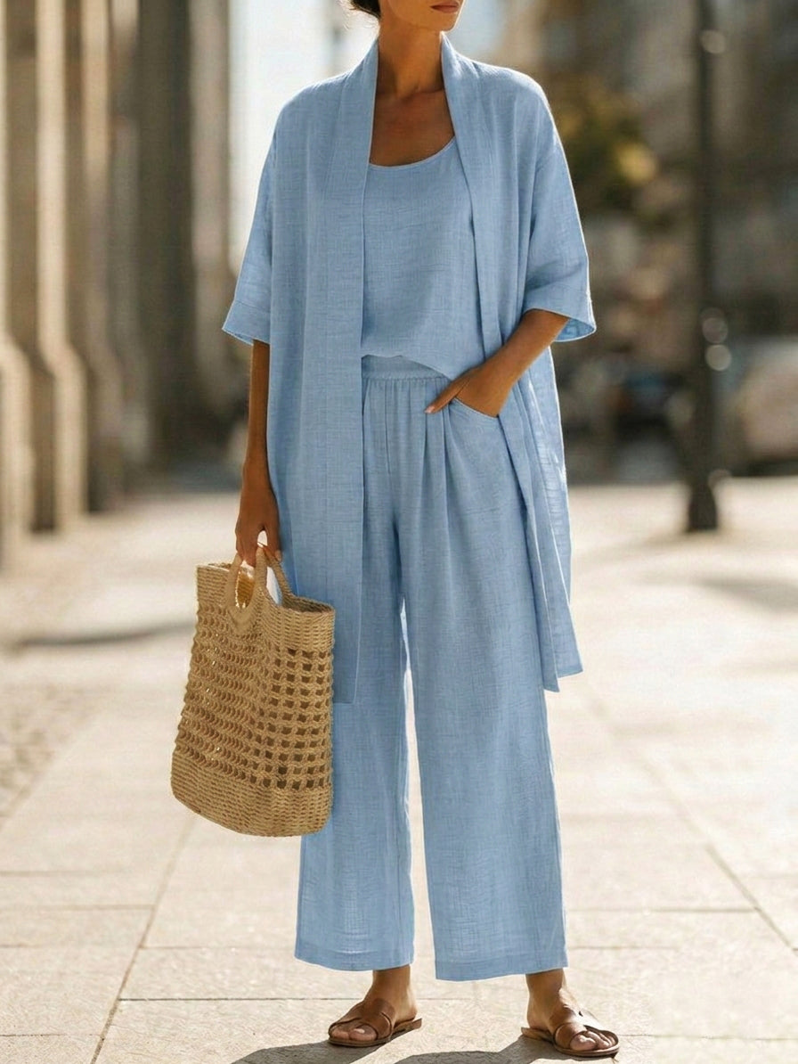 Stylish women's matching linen-cotton set. Versatile three-piece outfit for summer, resort, or casual wear.