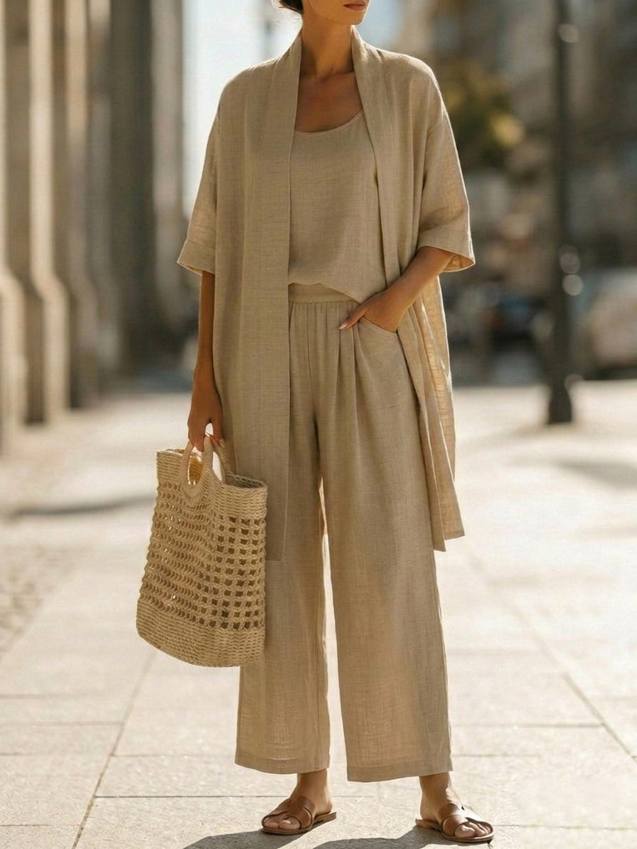Elegant women's linen-cotton three-piece loungewear set. Comfortable fashion for relaxed summer days.