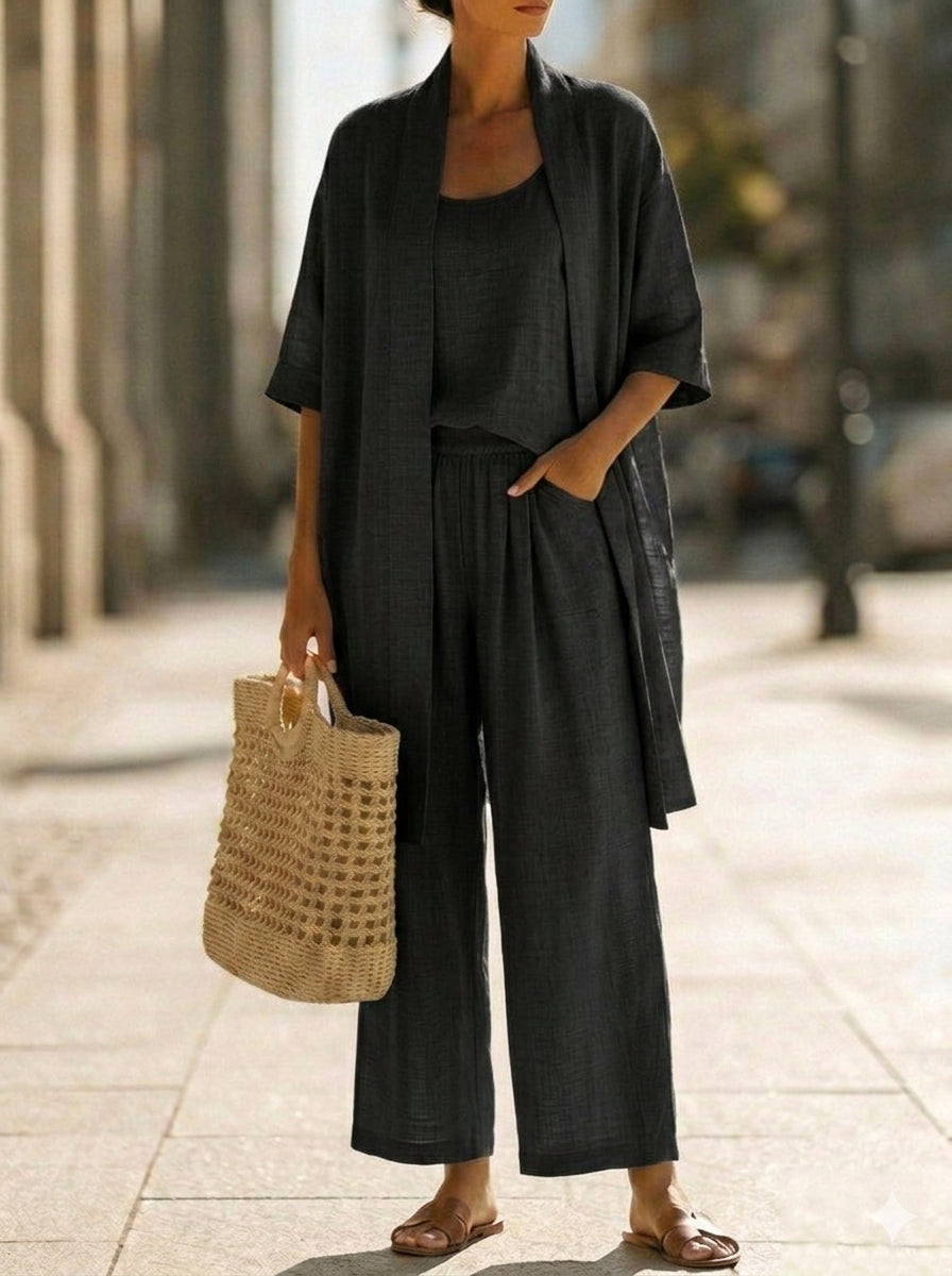 Women's breathable linen-cotton three-piece set. Perfect summer outfit for casual comfort & resort style.