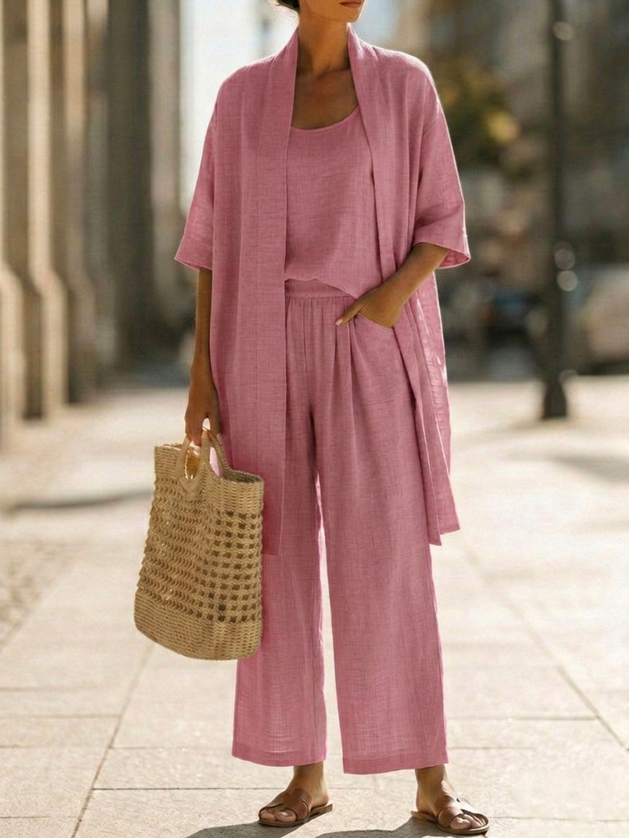 Effortless women's linen-cotton blend three-piece set. Stylish matching outfit, ideal for summer & resort.
