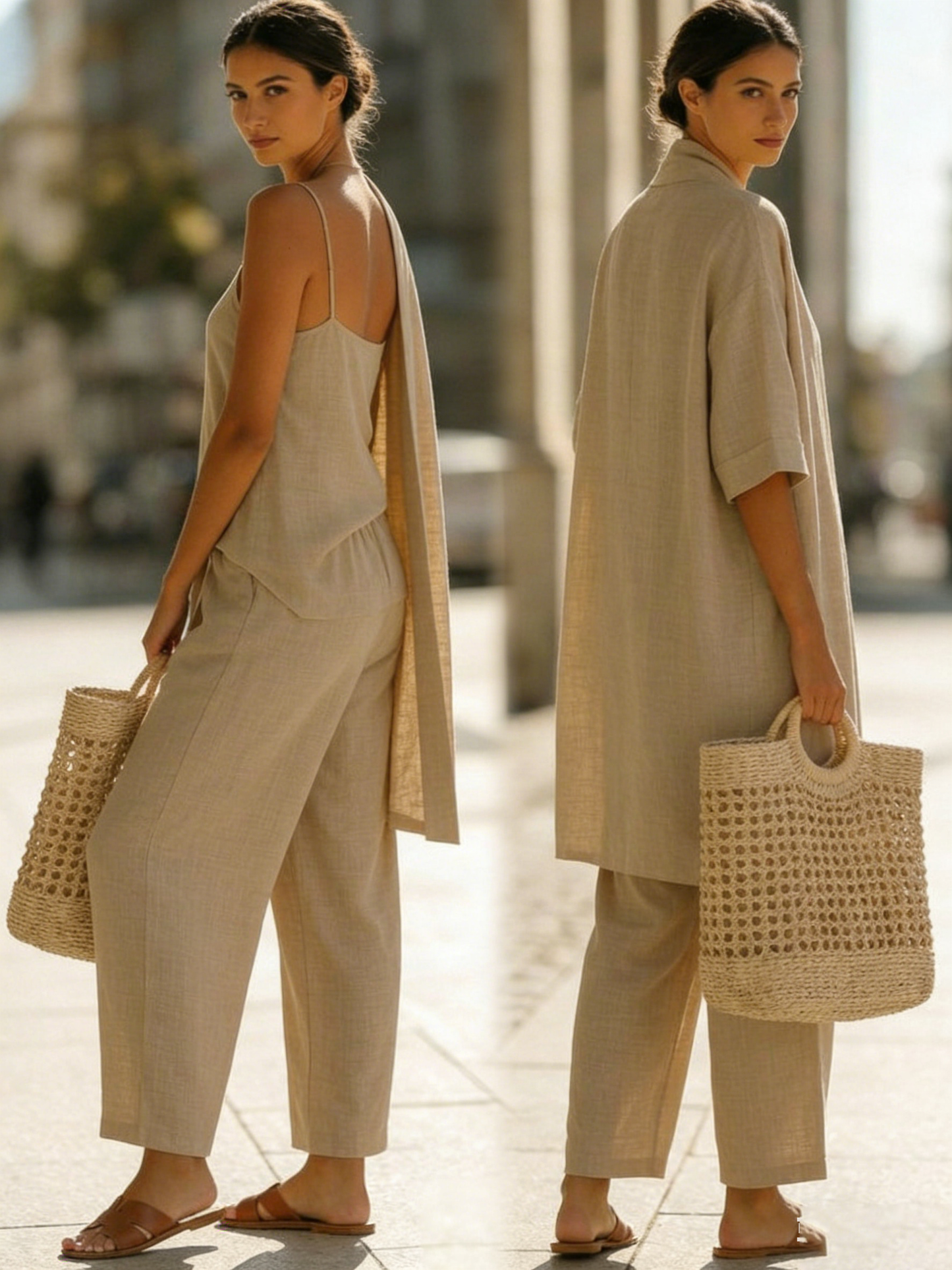 Women's elegant three-piece linen-cotton set. Matching summer outfit for resort wear, comfort & style.