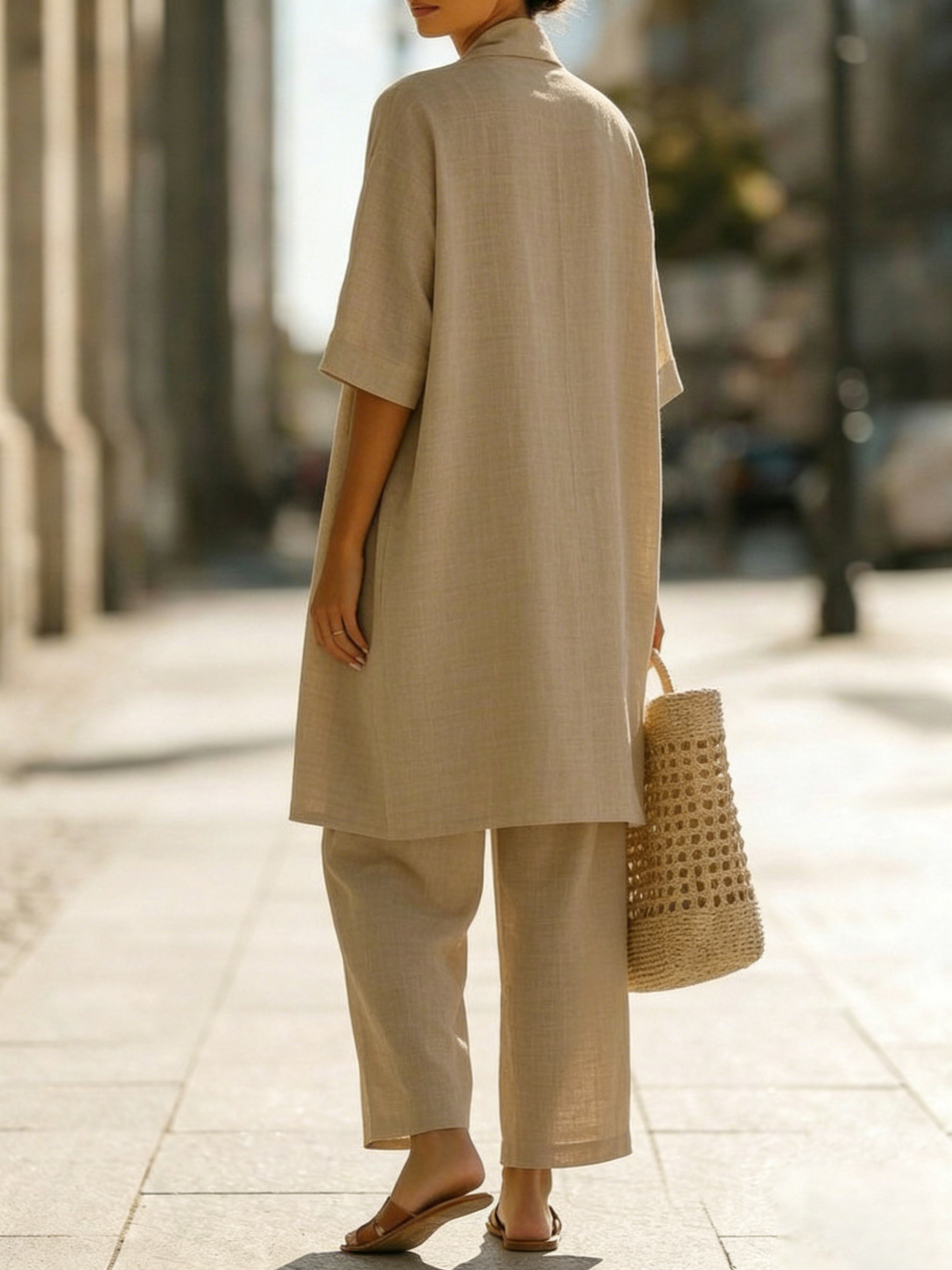 Soft linen-cotton women's three-piece set. Perfect for a chic summer casual outfit or elegant loungewear.