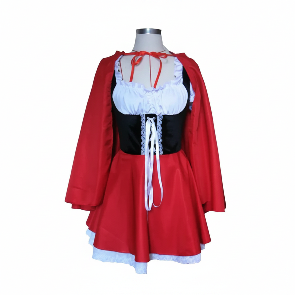 Adult Little Red Riding Hood hooded dress costume, enchanting fairytale design for women's dress-up.